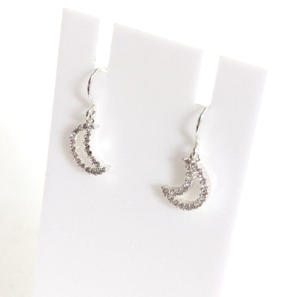 Silver Tone Pave Rhinestone Dangle Drop Dainty Celestial Moon Boho Hook Earrings